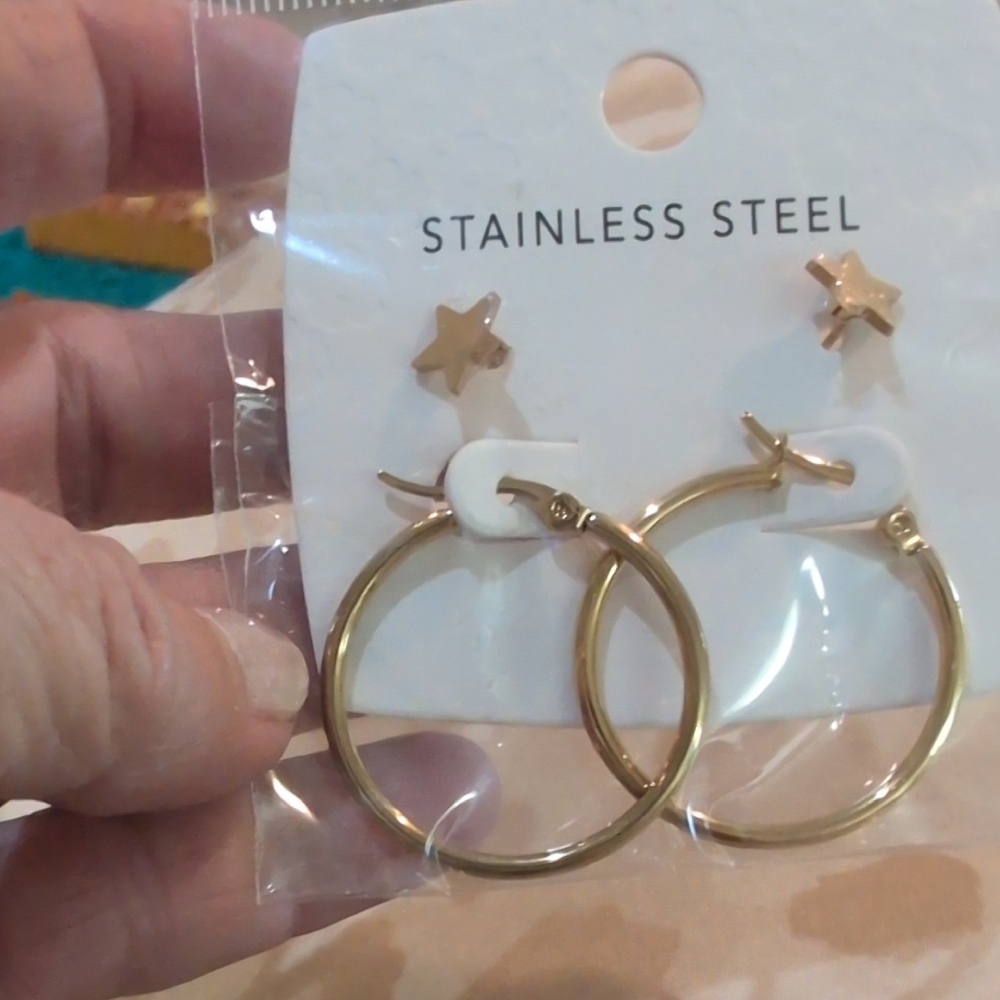 Stainless Steel Gold Tone Star and Hoop Earrings  Hypoallergenic